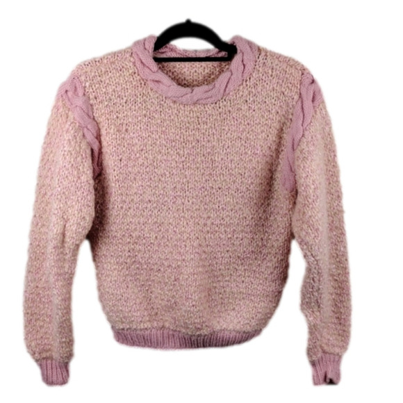Pink Crew Neck Long Sleeve Pullover Handmade Heavy Cable Knit Sweater Top - Picture 1 of 7